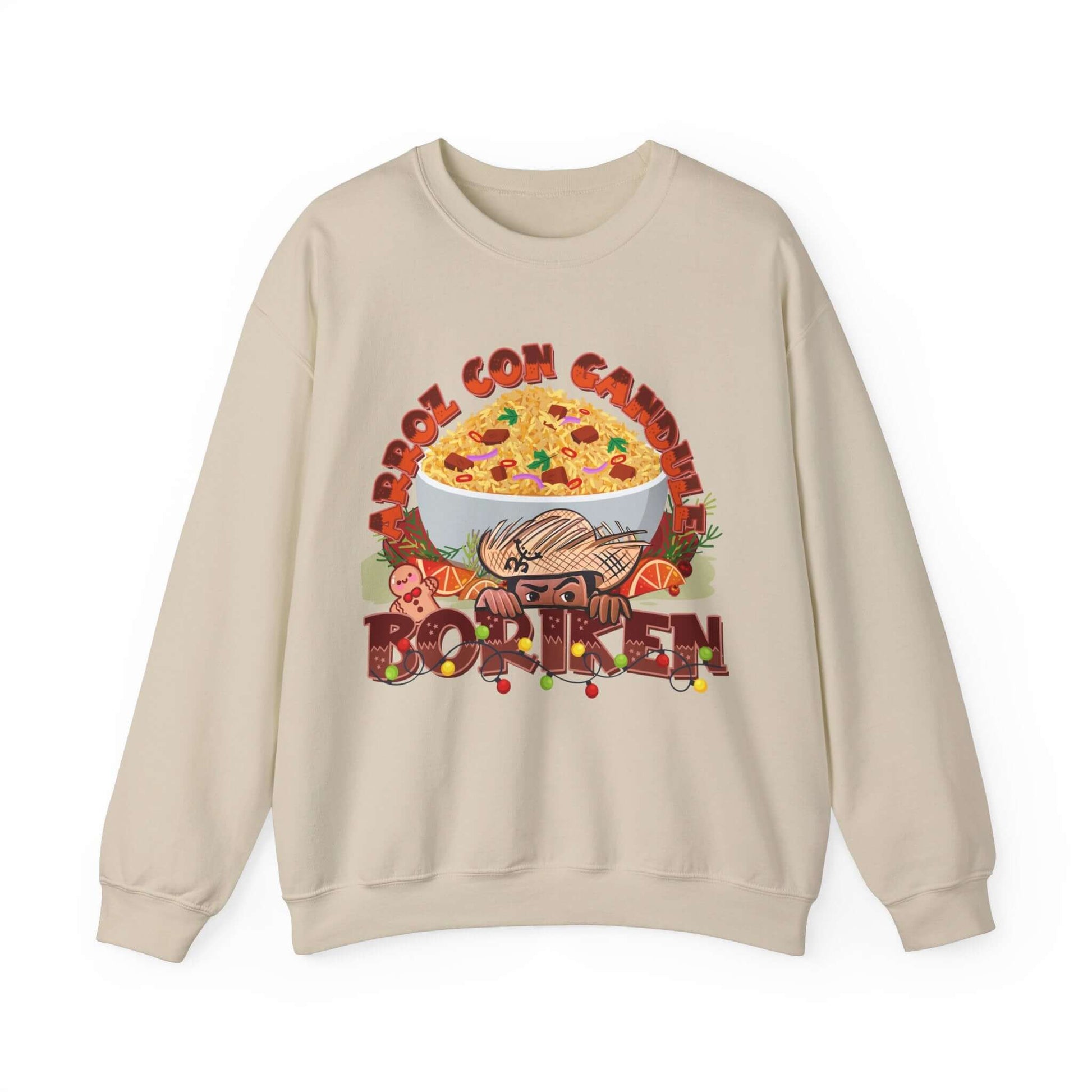 Festive Arroz Con Gandules Christmas Sweater with Puerto Rican holiday design featuring rice bowl and "BORIKÉN" text.