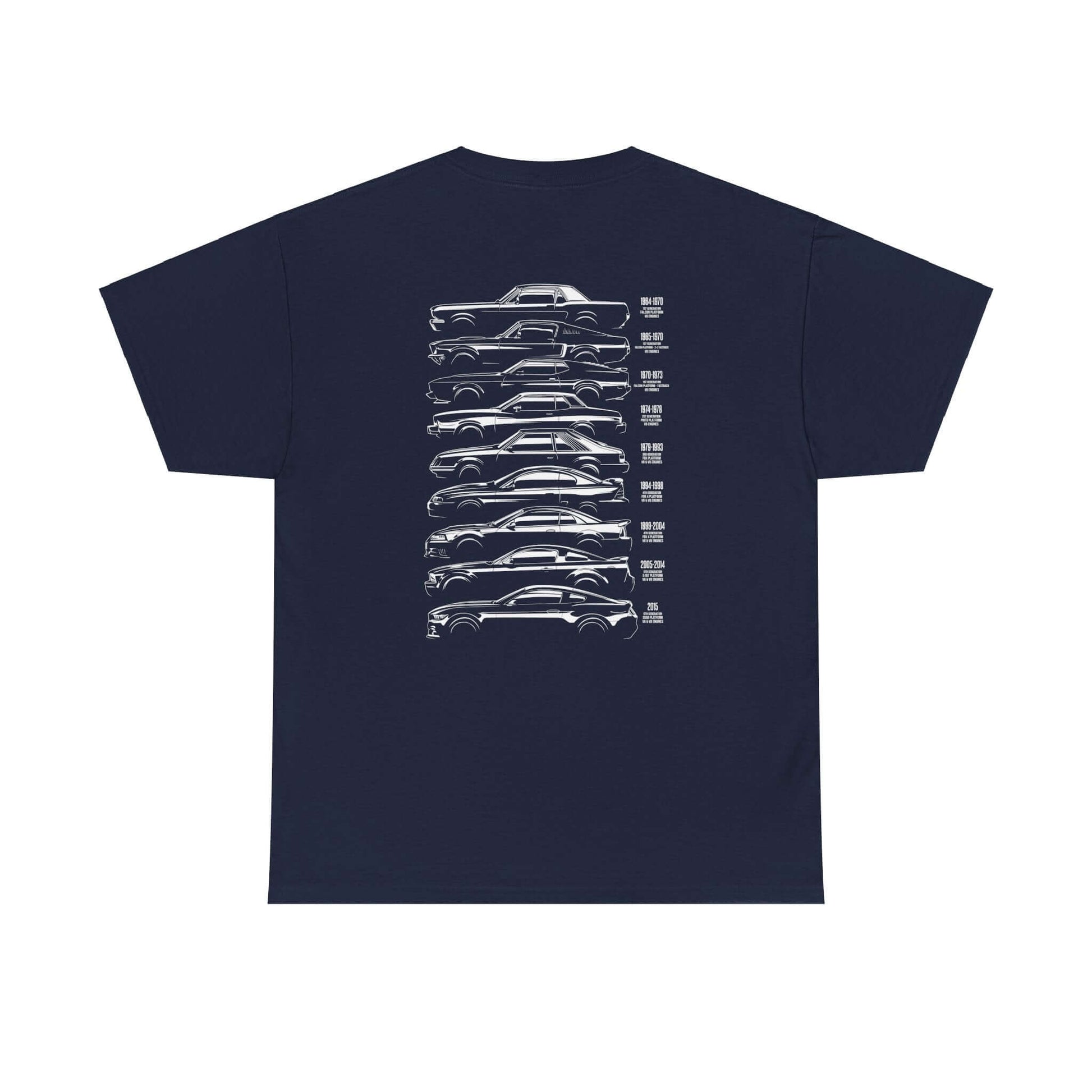 Navy Ford Mustang Evolution Tee with rear print showcasing iconic Mustang models from 1964 to 2015.