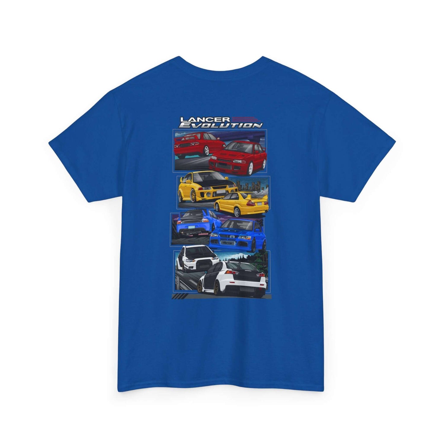 JDM-Inspired Evolution Car Tee, Red Yellow Blue White Enthusiast Shirt