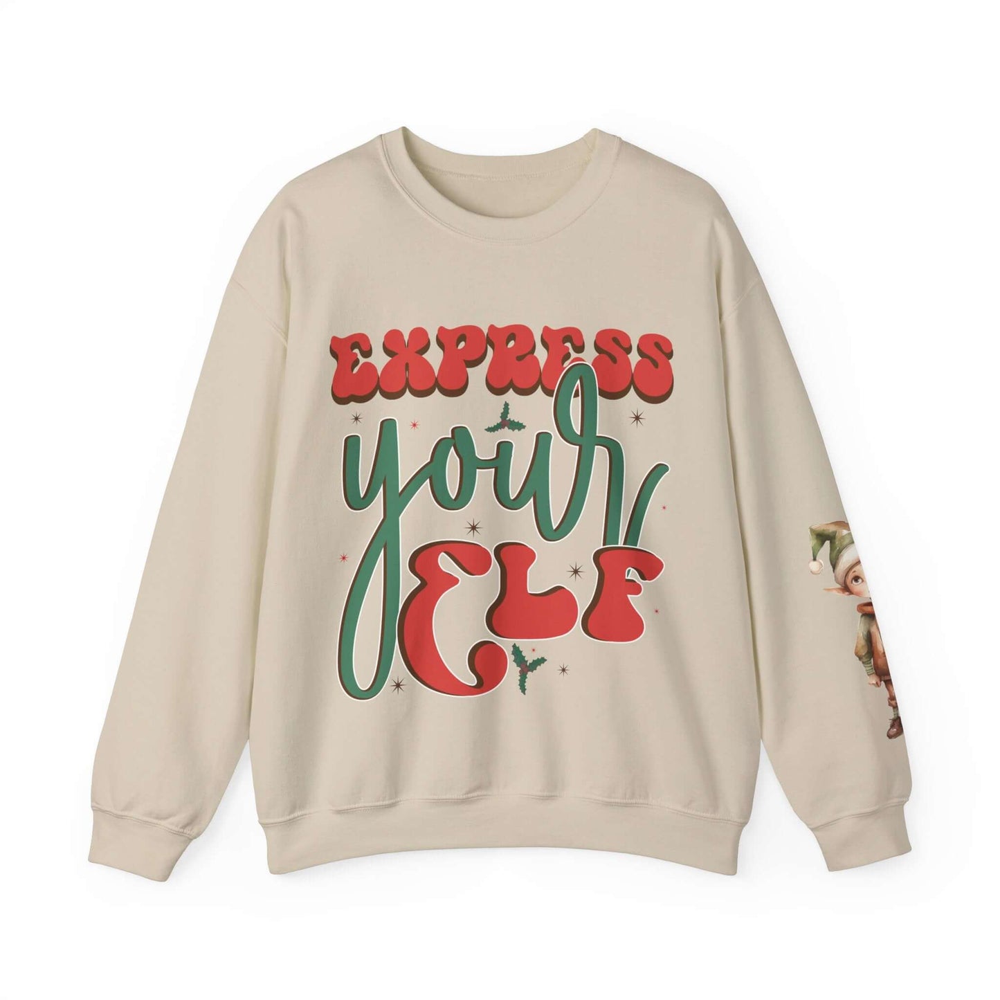 Express Yourself Festive Sweatshirt - Colorful Holiday Elf Design, Individuality and Style