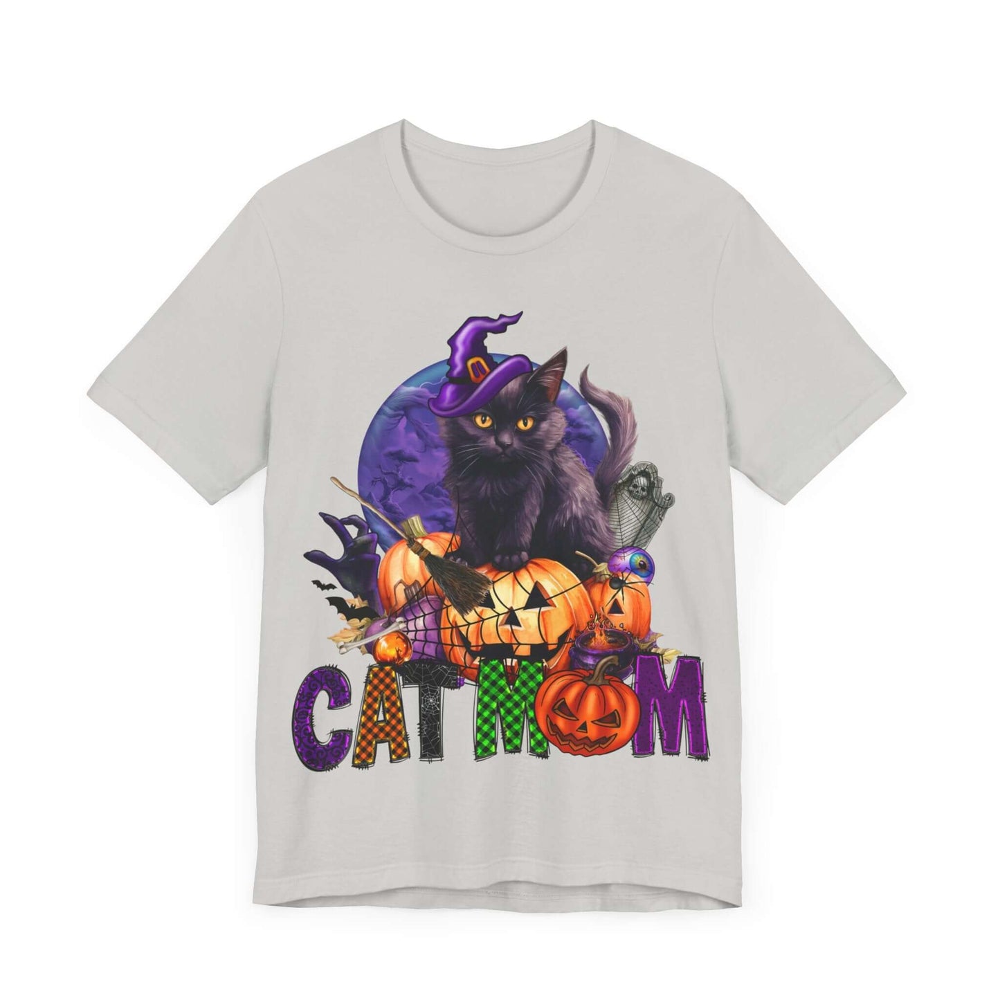 Cat Mom Women's T-shirt - Adorable Baby Black Cat, Pumpkins and Purple Moon, - Unique Halloween Outfits, Festive Parties, and Feline Fun.