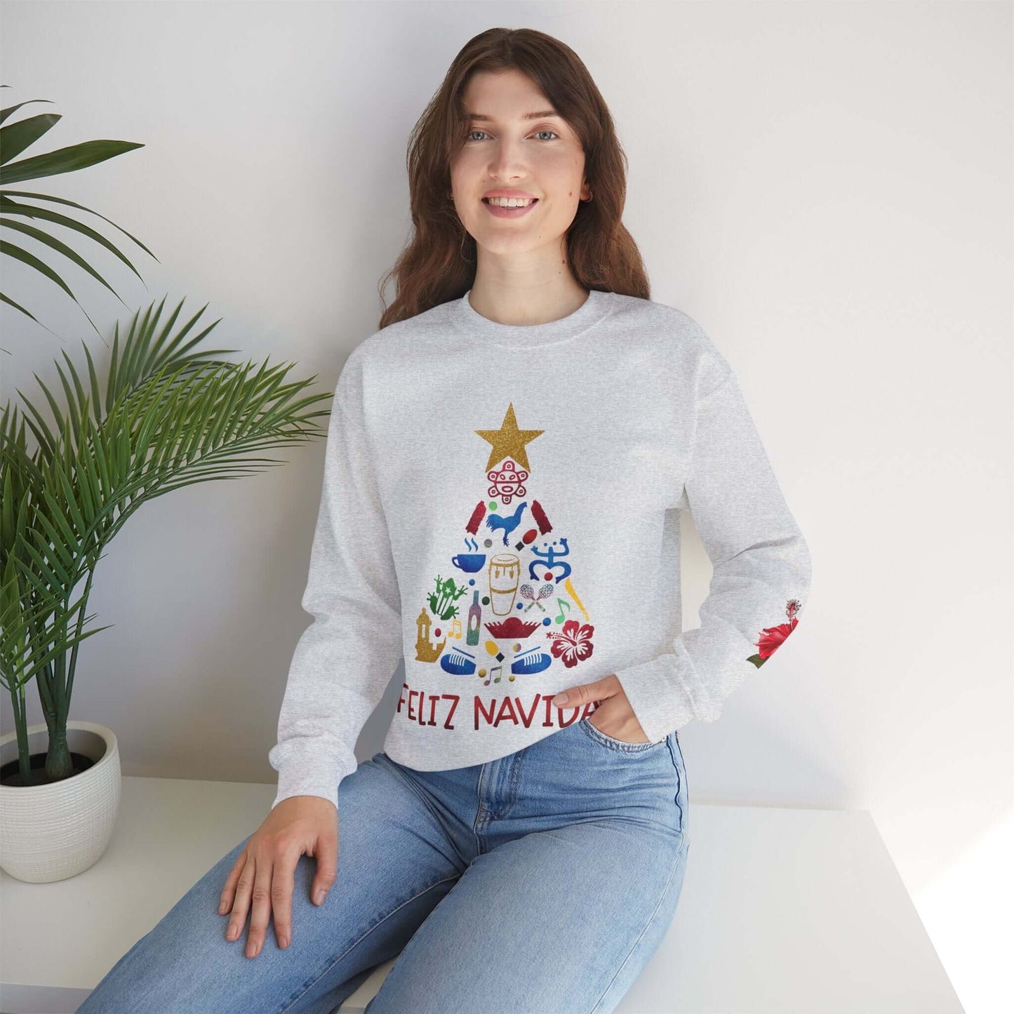 Feliz Navidad Puerto Rico Festive Print on left Long Sleeve Christmas T-Shirt with Unique Colorful Tree Design