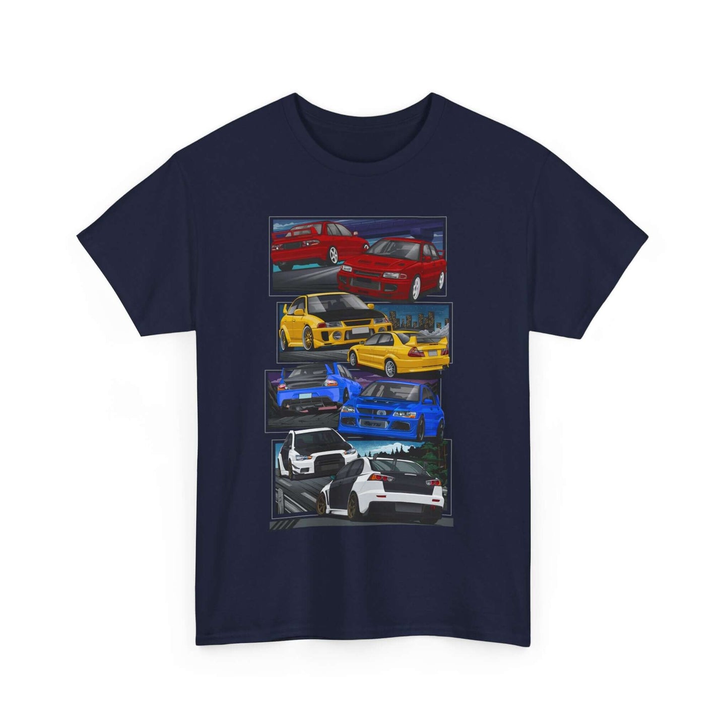 JDM-Inspired Evolution Car Tee, Red Yellow Blue White Enthusiast Shirt