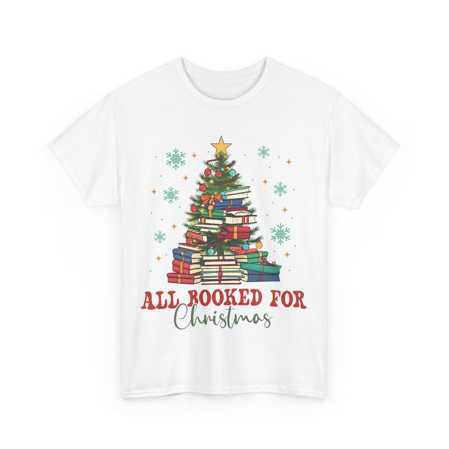 Christmas Book Lover Tee featuring a festive design with stacked books and holiday decorations. Perfect for cozy holiday spirit.