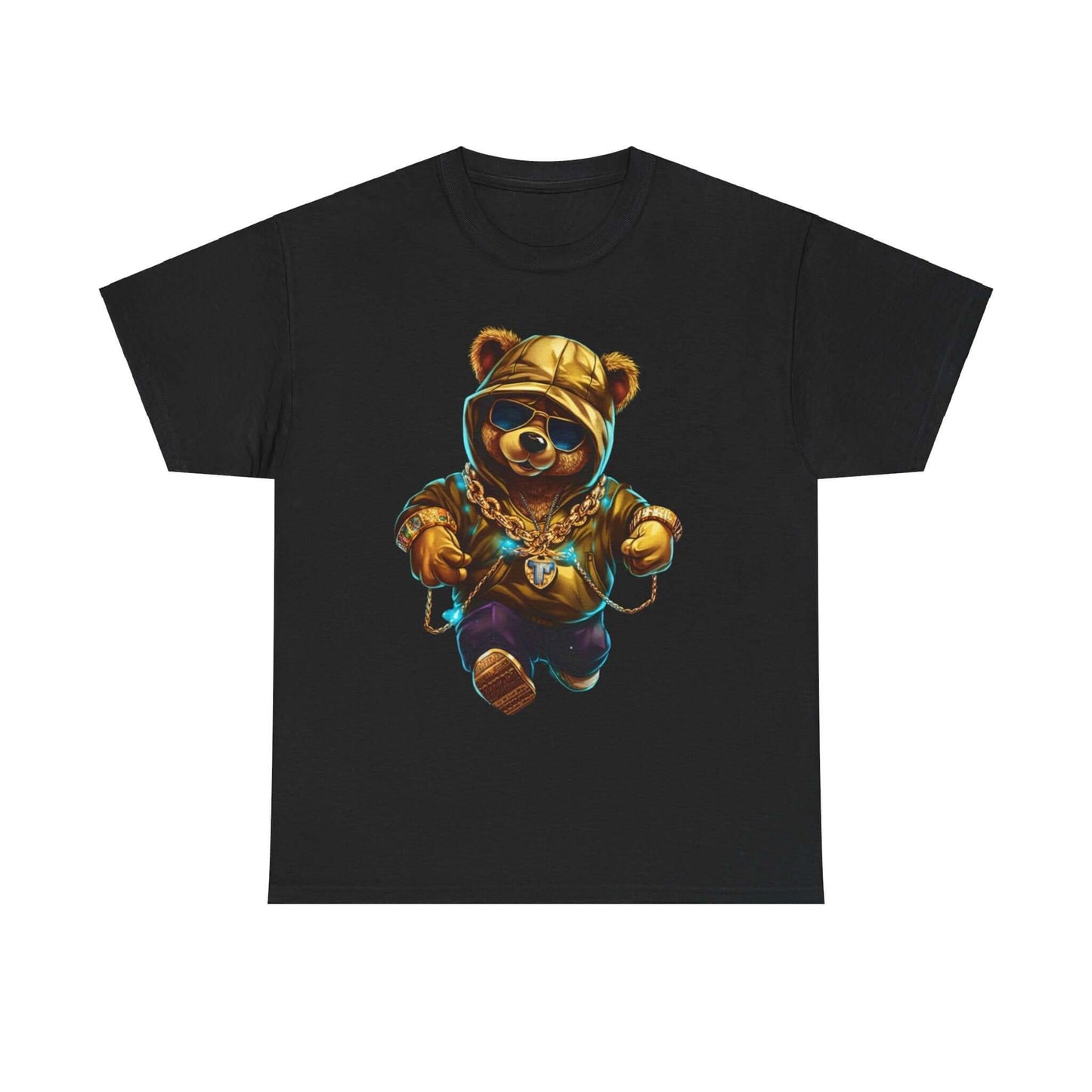 Bling Hip Bear Tee featuring a stylish bear in a gold hoodie and chains on a black shirt for playful casual wear.