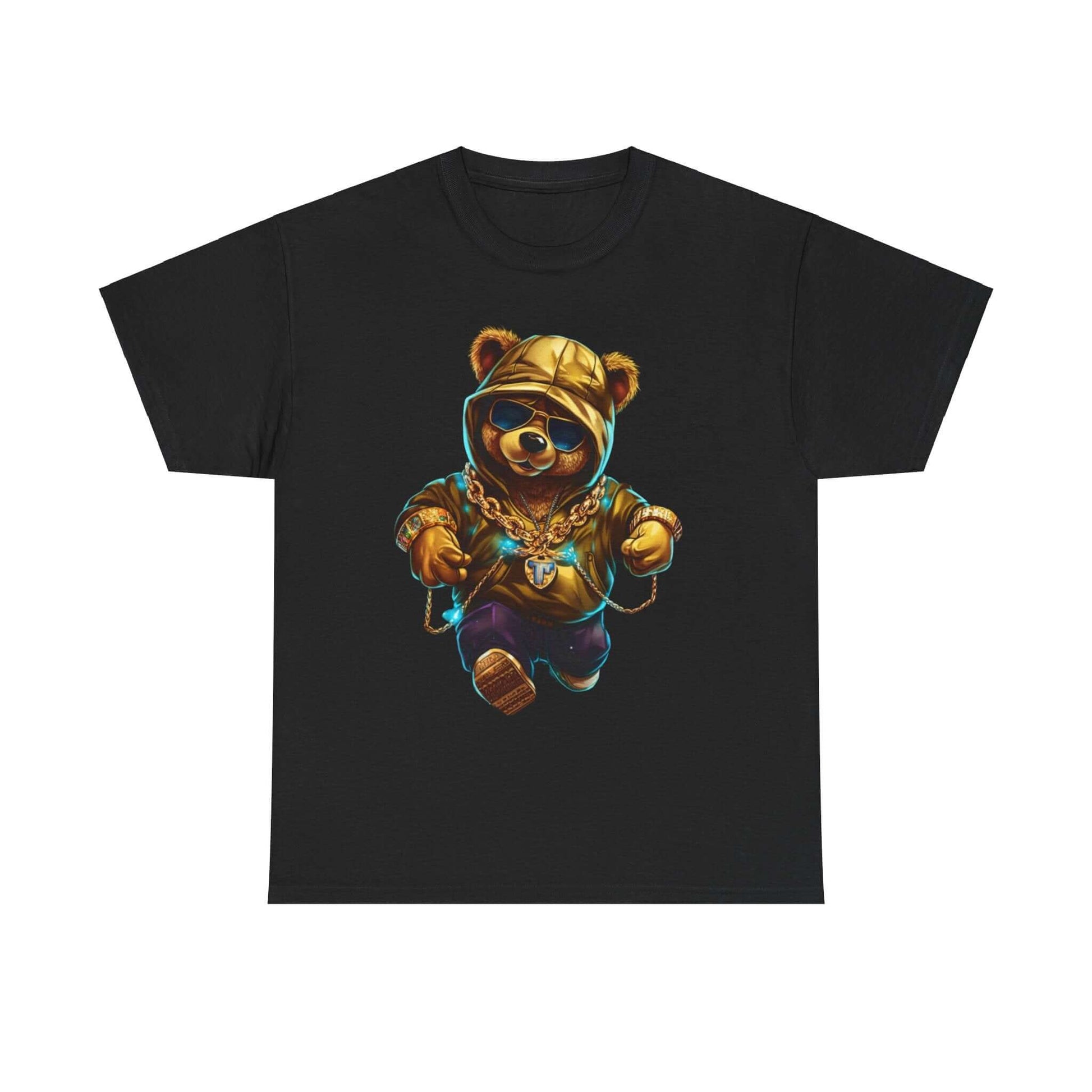 Bling Hip Bear Tee featuring a stylish bear in a gold hoodie and chains on a black shirt for playful casual wear.