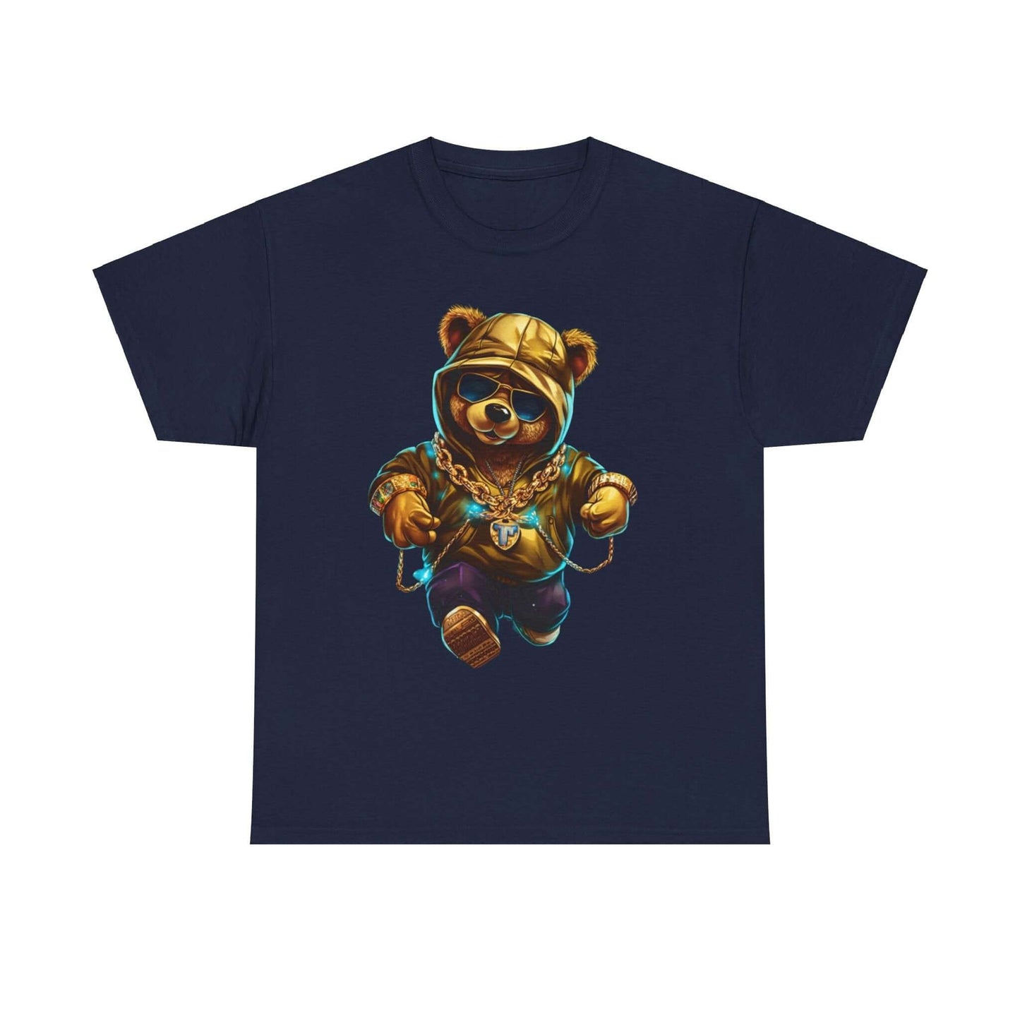 Fun Bling Hip Bear Tee featuring a stylish bear in a gold chain and hoodie, perfect for quirky casual wear.