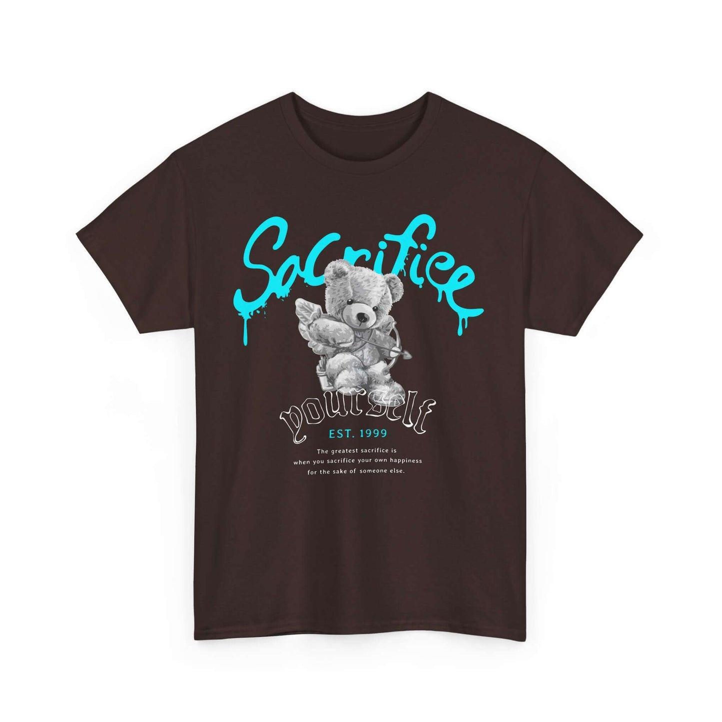 Whimsical bear street style tee with expressive saying "Sacrifice Yourself" in vibrant blue on a black background.