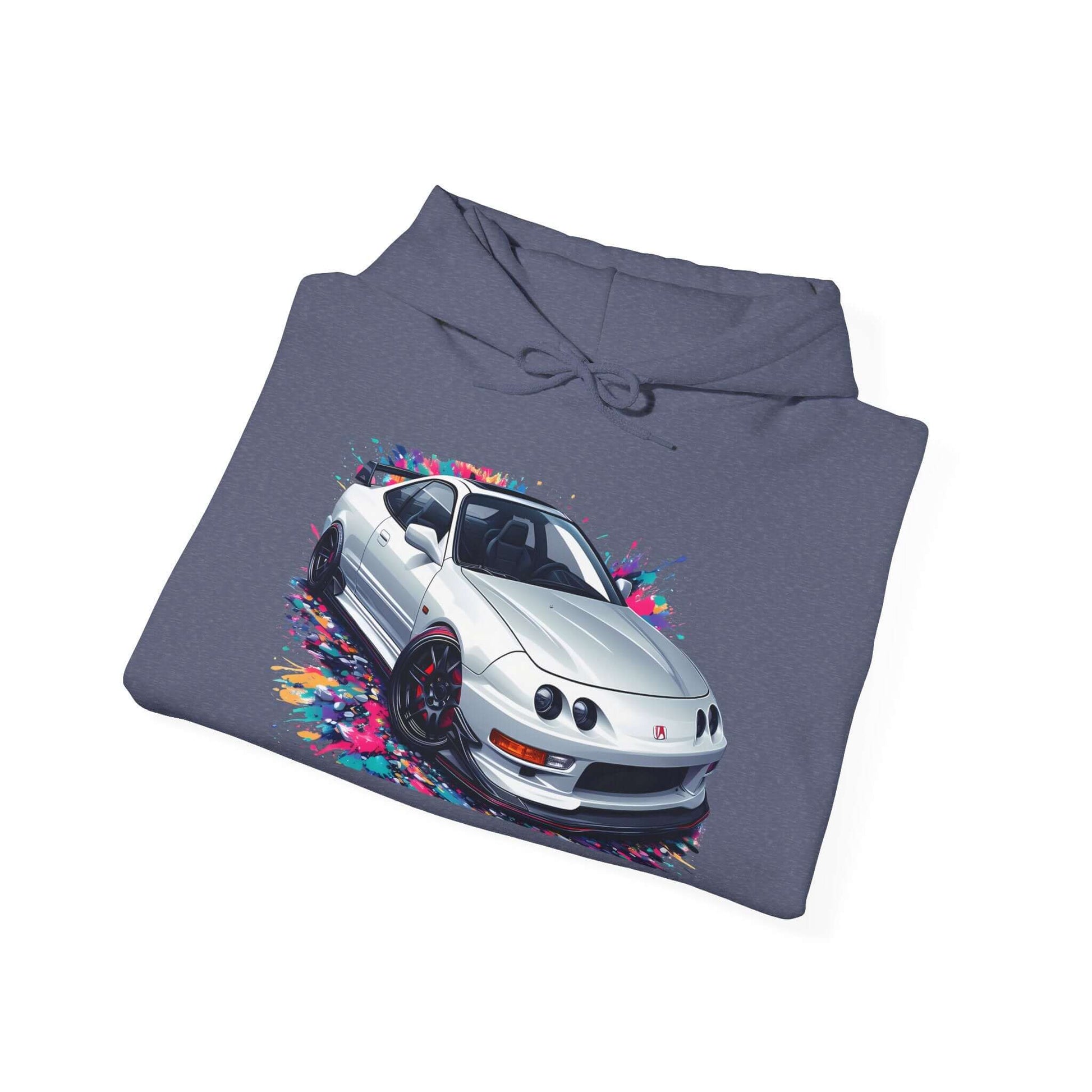 White integra hoodie with DC2 USDM front clip design on gray fabric, perfect for car enthusiasts and casual outings.