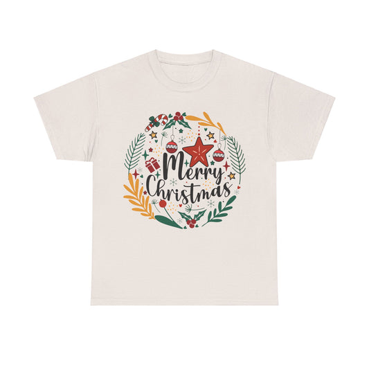 Christmas wreath tee with "Merry Christmas" design, perfect for festive gatherings and holiday celebrations.