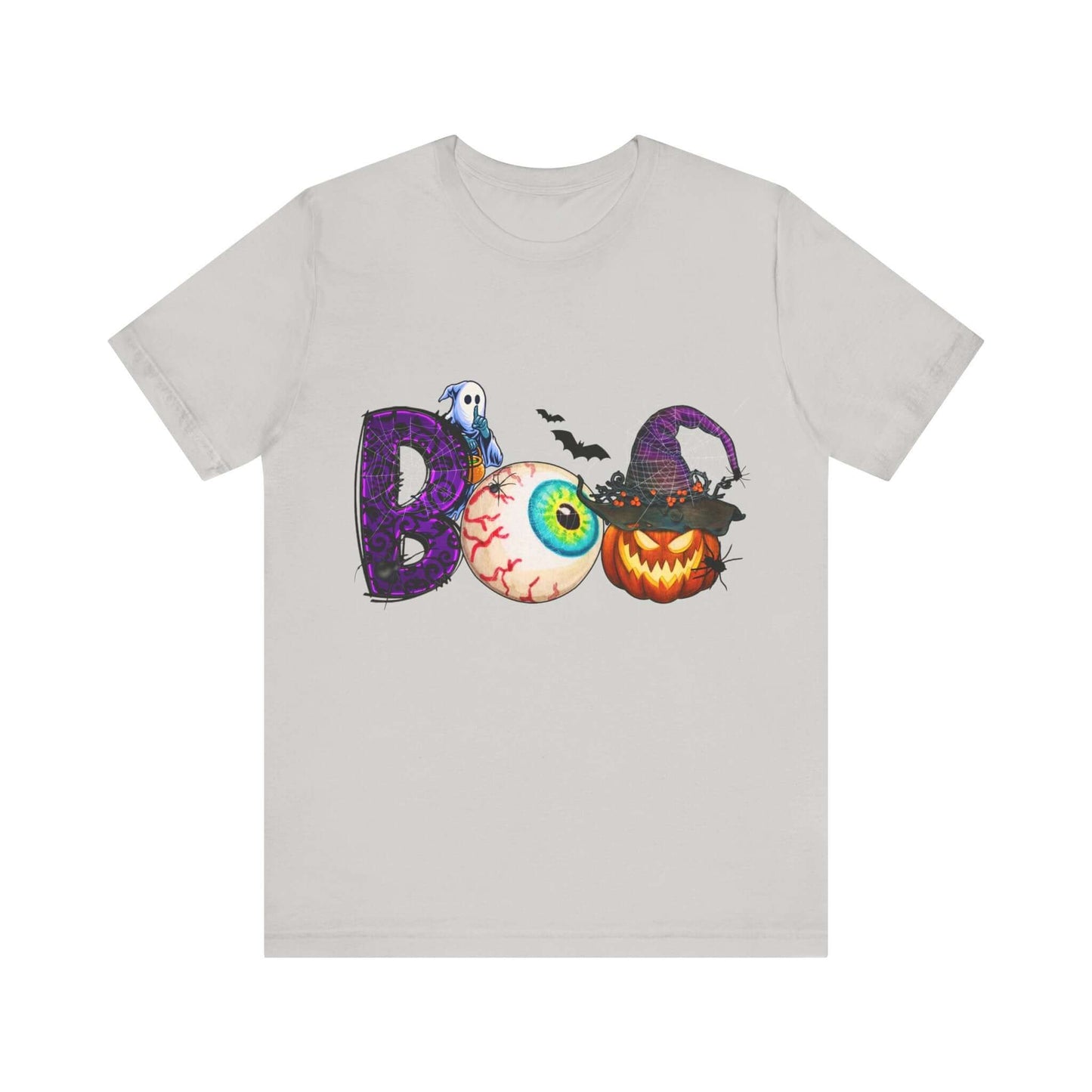 Halloween 'Boo' Women's T-shirt, Spooky Eyeball and Pumpkin Design, Cartoon Scary Tee for Unique Halloween Outfits and Fun Trick-or-Treating