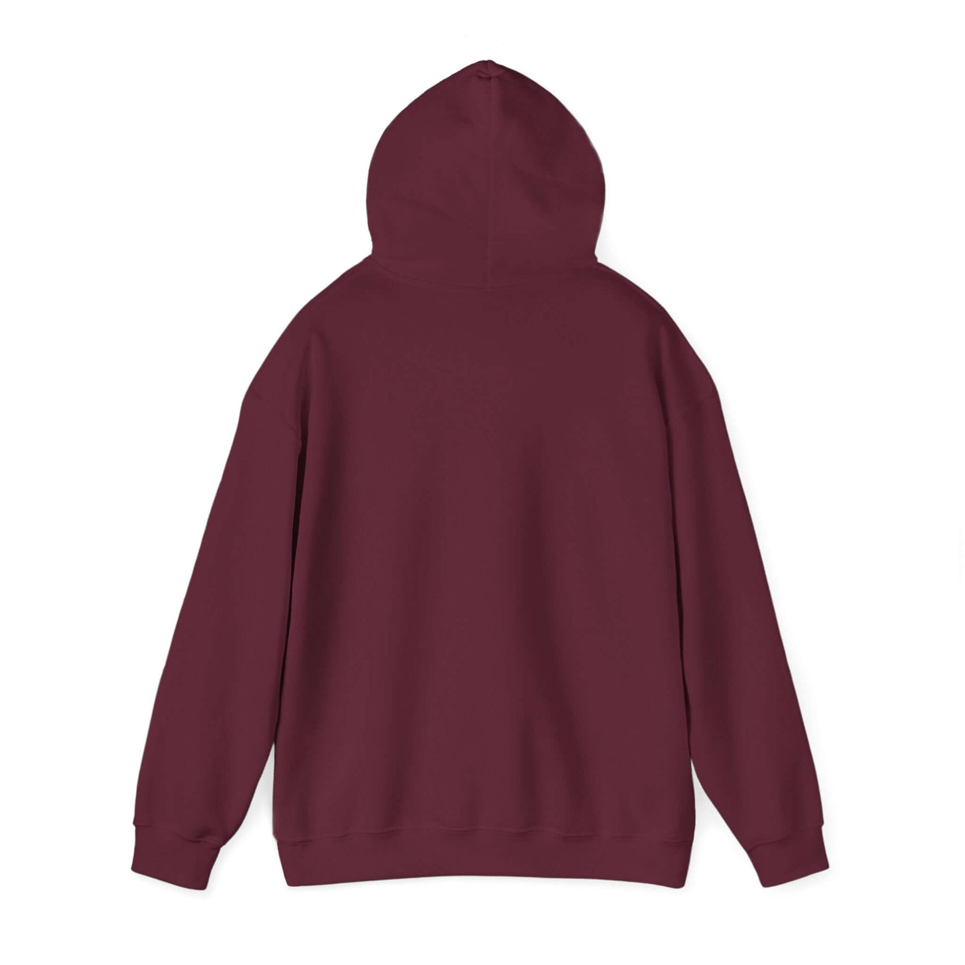 Back view of maroon hooded sweatshirt with adjustable hood, ideal for casual outings and automotive gatherings.