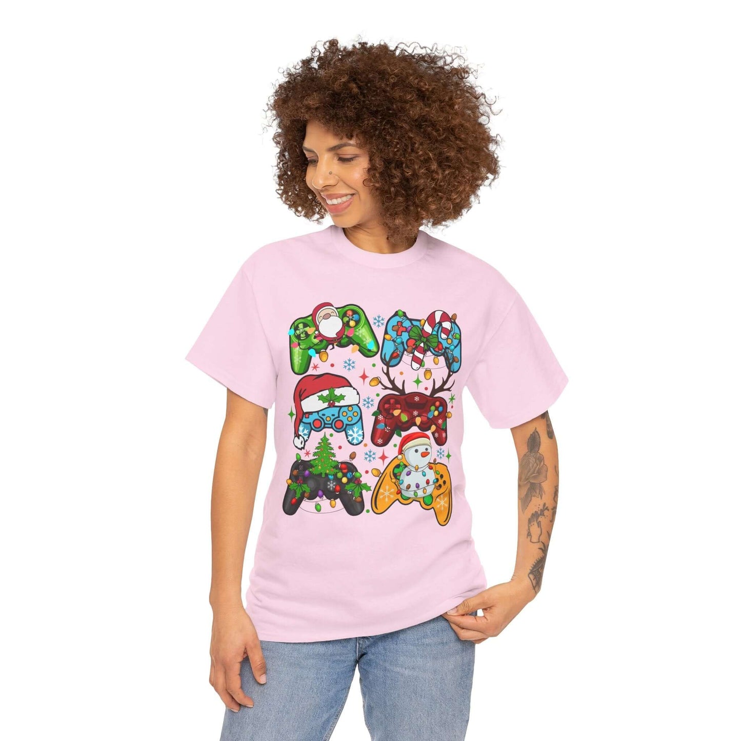 Playful Christmas Gaming Controller Tee featuring colorful controllers and Santa design, perfect for festive occasions.