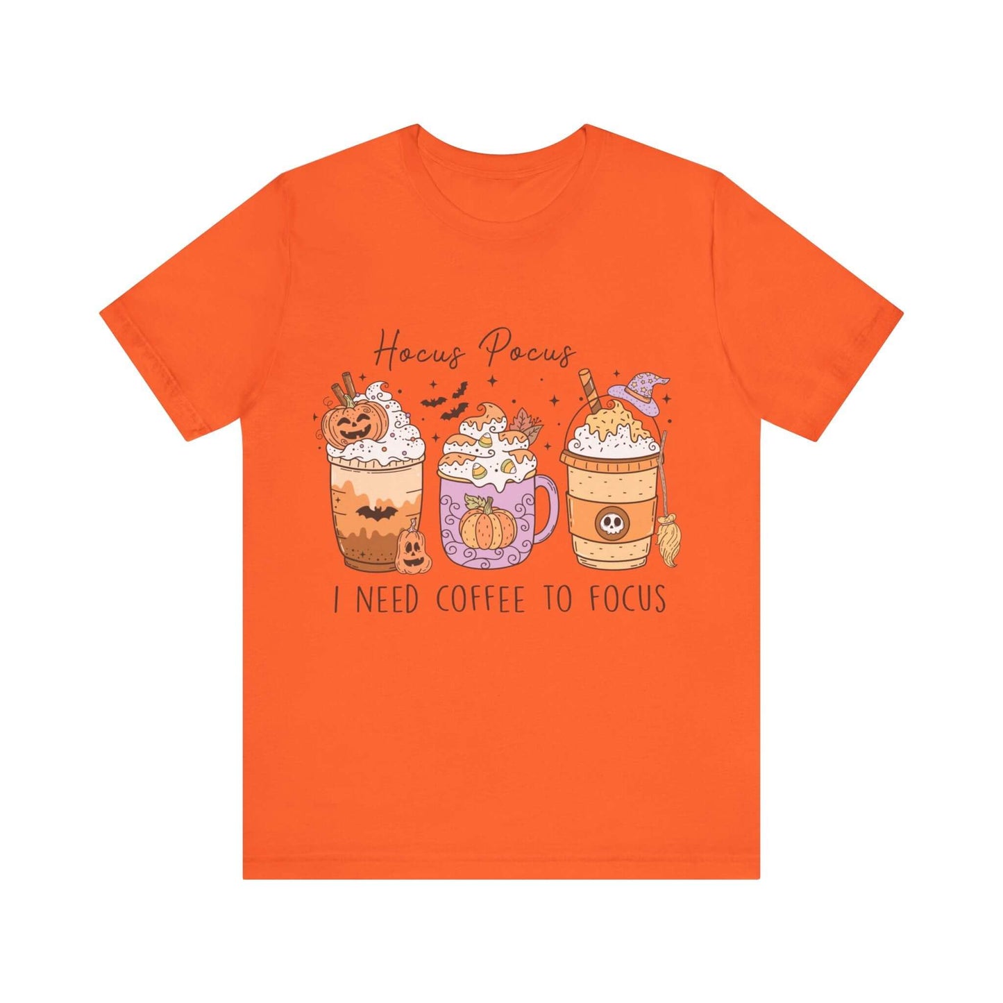 Halloween Coffee Lover's T-shirt, Hocus Pocus I Need Coffee to Focus, Women's Spooky Shirt for Brew-Witching Mornings and Halloween Parties.