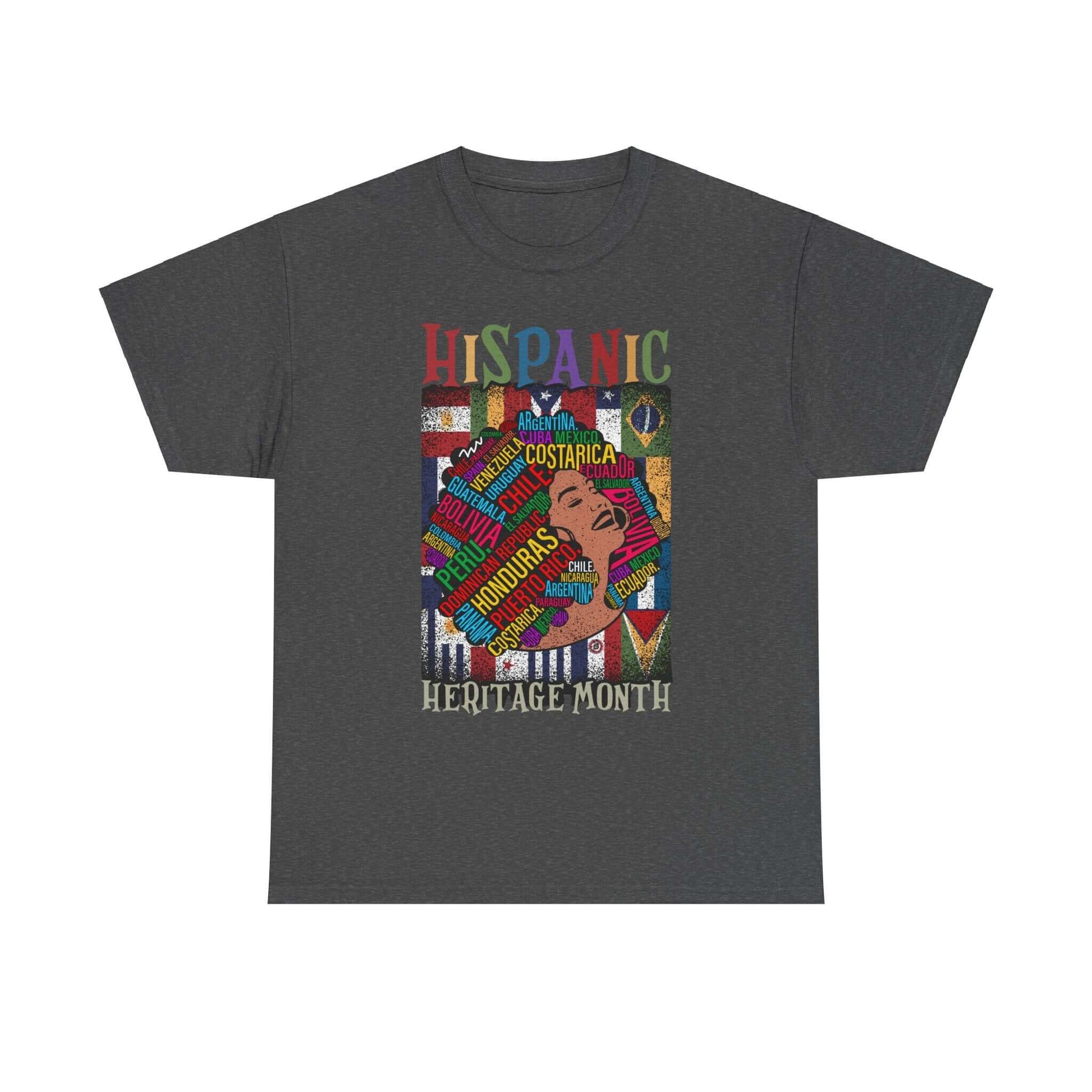 Vibrant T-Shirt with Hispanic Heritage Month design, featuring cultural motifs and country names, perfect for showcasing cultural pride and diversity.