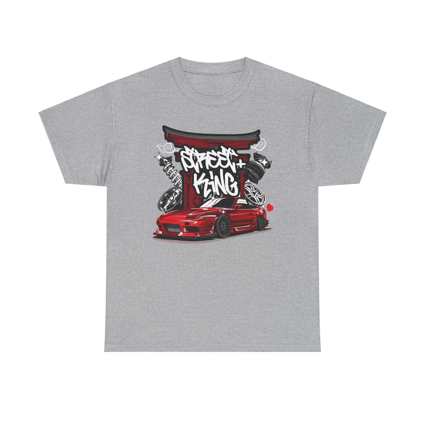 Urban racing art T-shirt featuring stylized red sports car and Japanese Torii gate with graffiti design. Ideal for car enthusiasts.