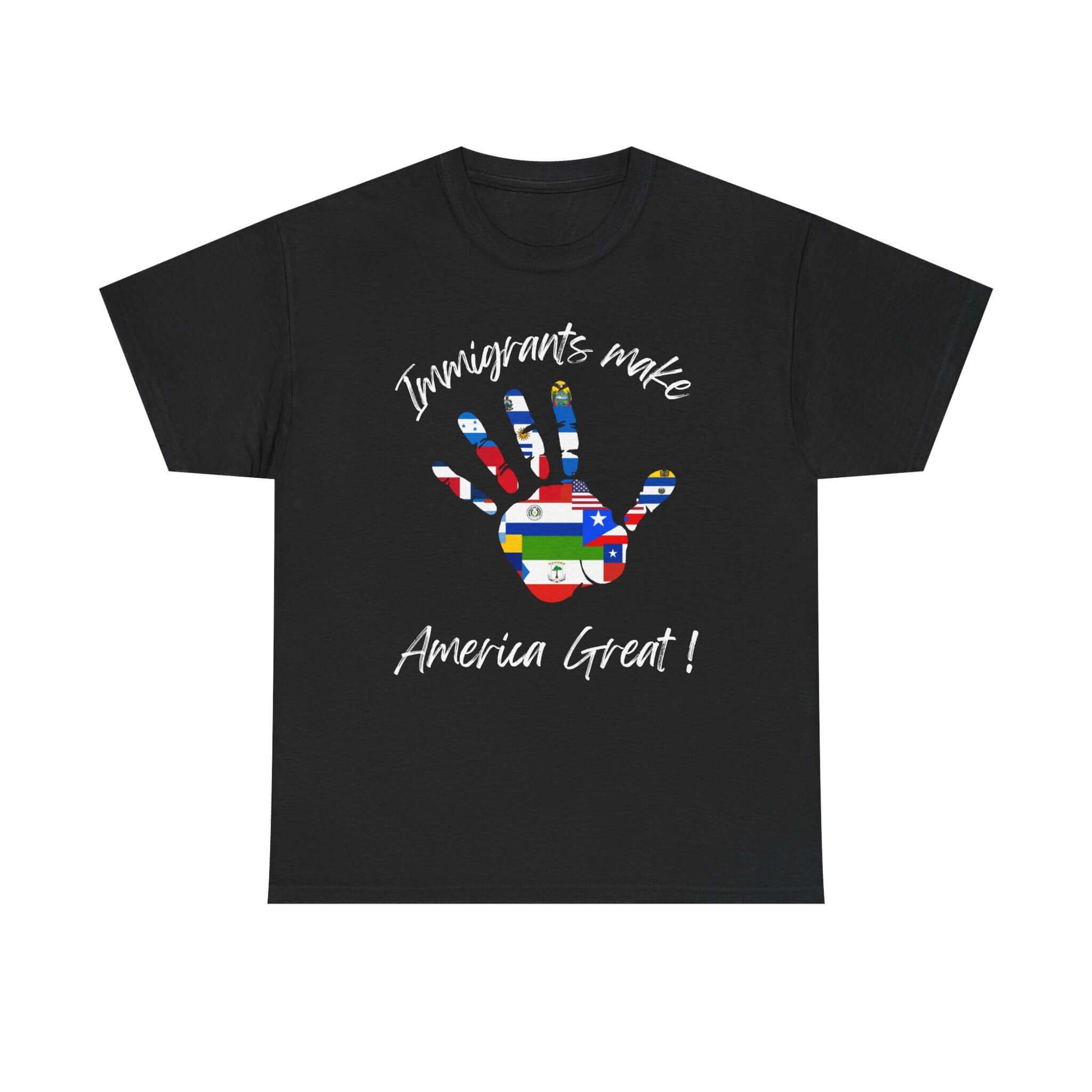 Unisex black tee with 'Immigrants Make America Great' design featuring a colorful handprint representing diverse flags.