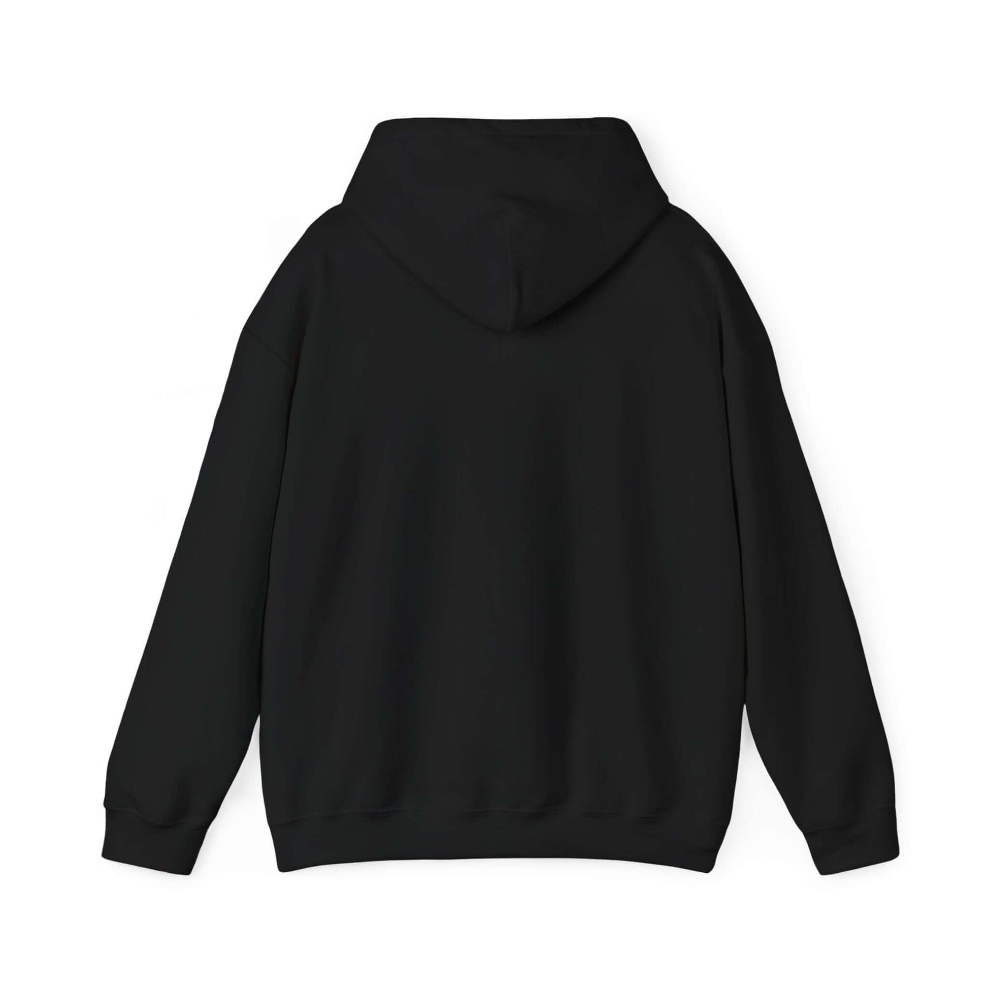 Black hooded sweatshirt back view showing adjustable hood and casual design for car enthusiasts.