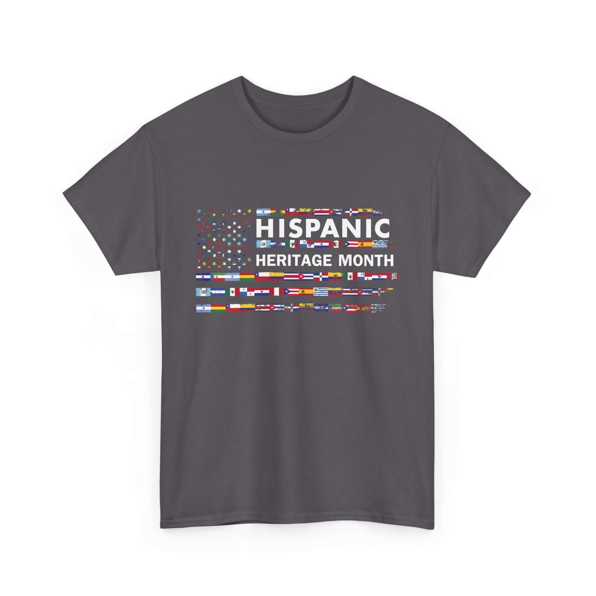 Hispanic Heritage Month T-shirt featuring a vibrant mosaic of flags representing Hispanic countries. Celebrate diversity proudly.