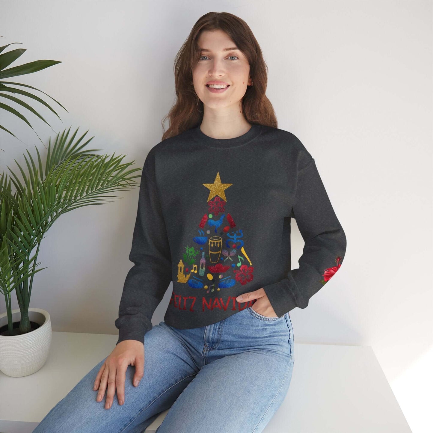 Feliz Navidad Puerto Rico Festive Print on left Long Sleeve Christmas T-Shirt with Unique Colorful Tree Design