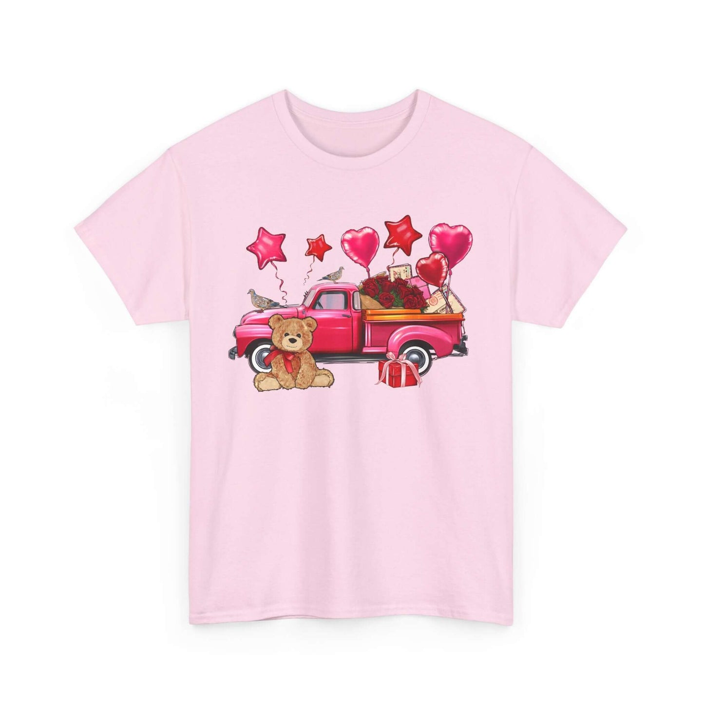 Valentine's Day tee with vintage truck, roses, teddy bear, balloons, romantic gift, pink unisex heavy cotton T-shirt.