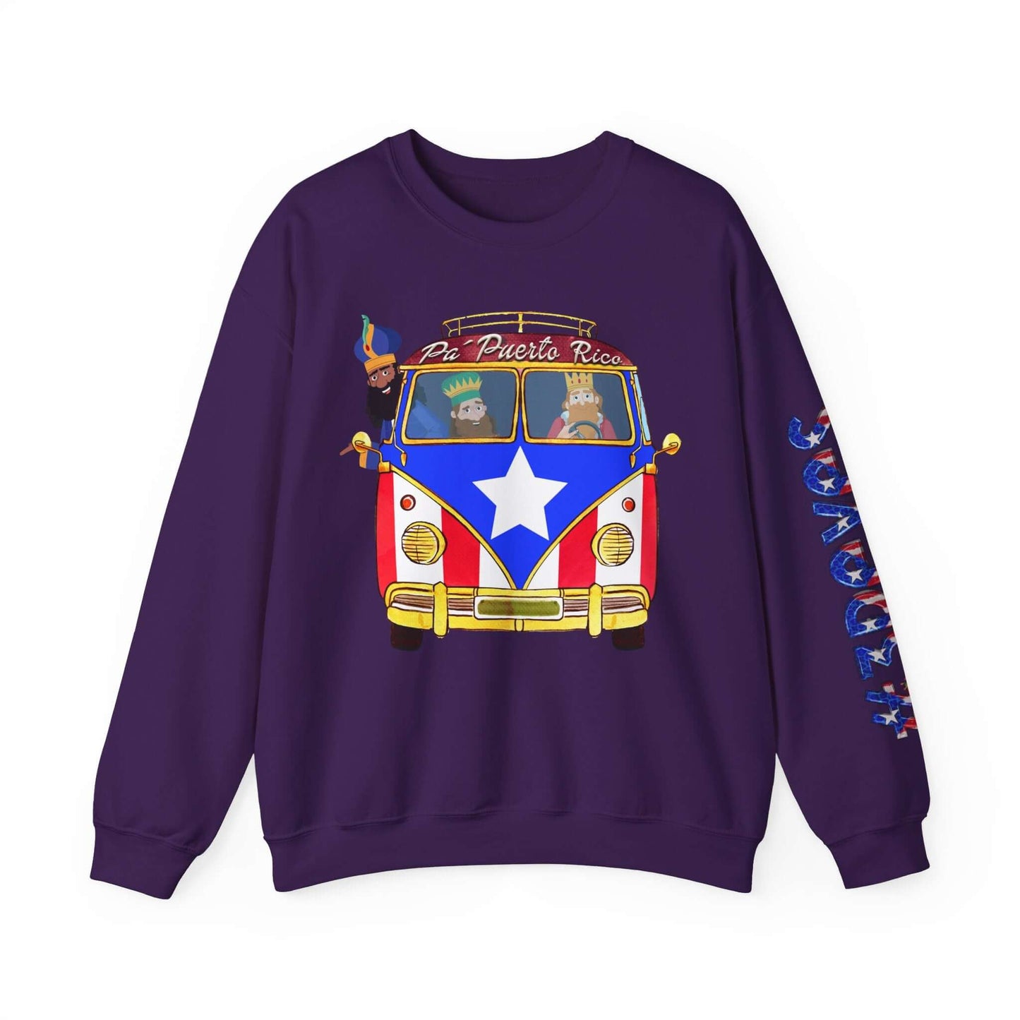 Festive black Christmas sweater with VW bus design, Puerto Rico flag, "Pa Puerto Rico" text, and vibrant print on left sleeve.