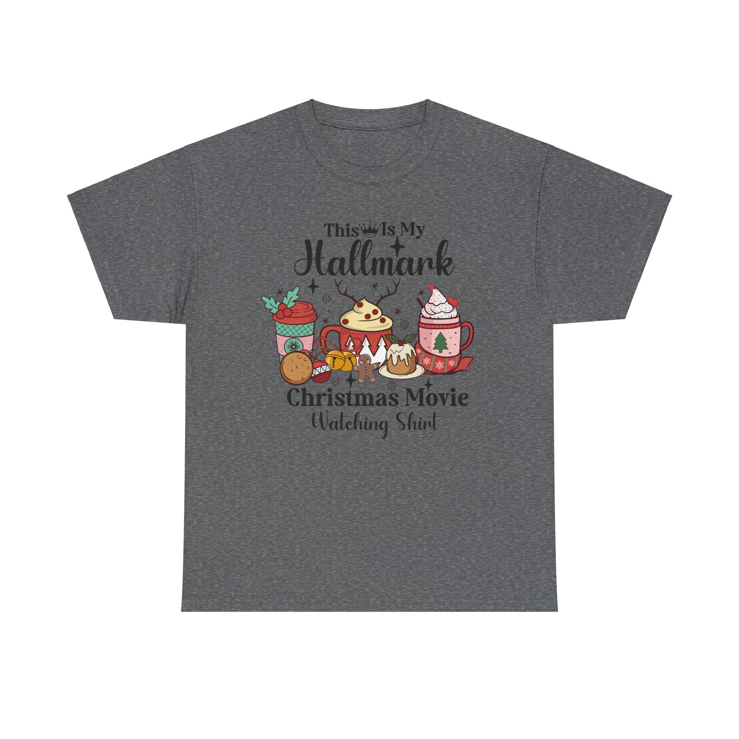 Cozy gray Christmas movie watching shirt featuring festive drinks and treats for the holiday spirit.