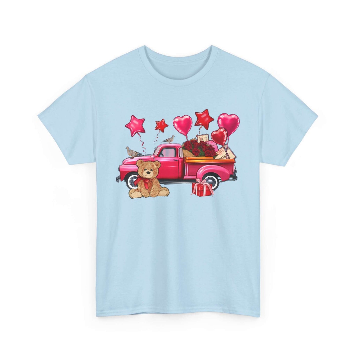 Valentine's Day Tee with vintage truck, roses, teddy bear design on light blue cotton shirt, perfect love gift idea