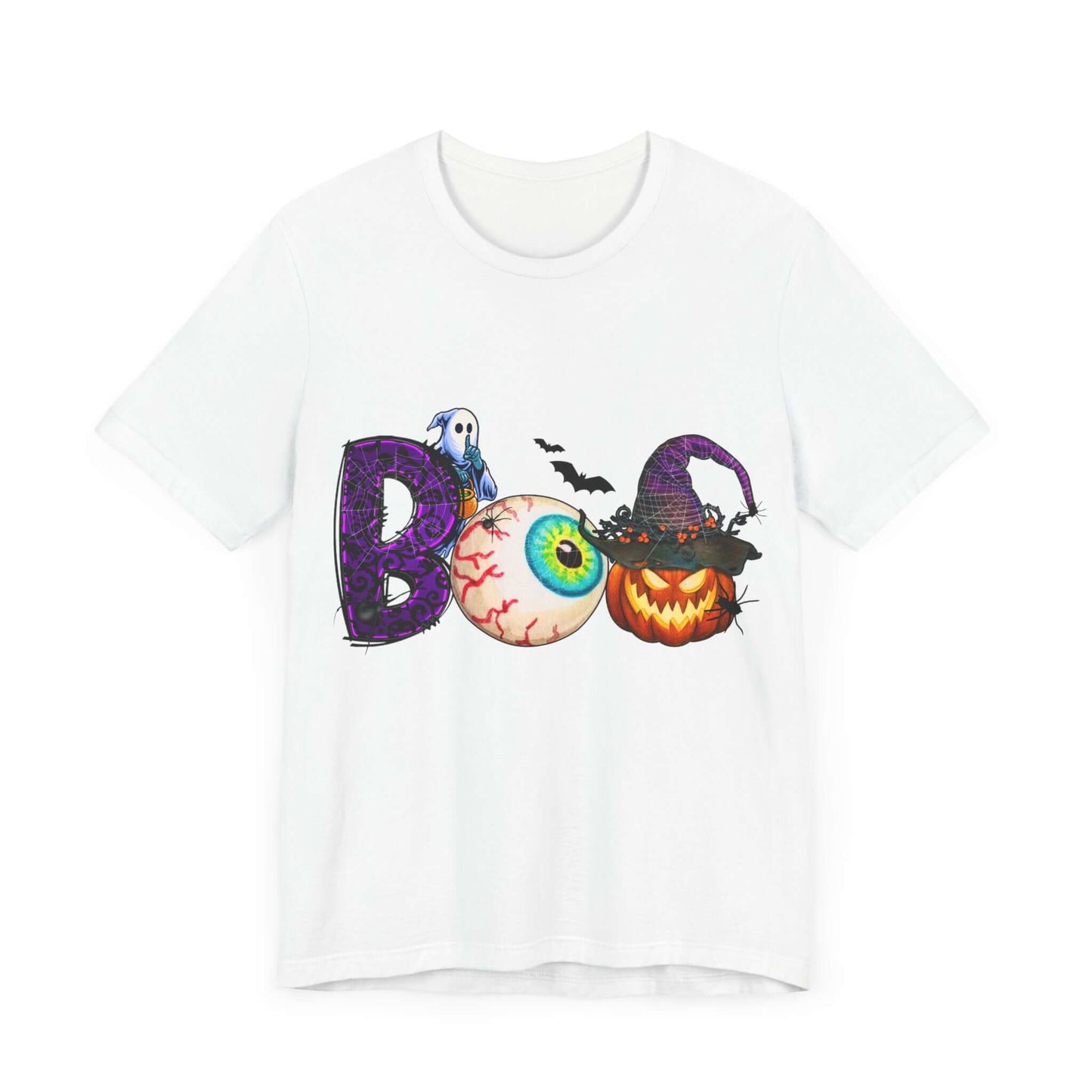 Halloween 'Boo' Women's T-shirt, Spooky Eyeball and Pumpkin Design, Cartoon Scary Tee for Unique Halloween Outfits and Fun Trick-or-Treating