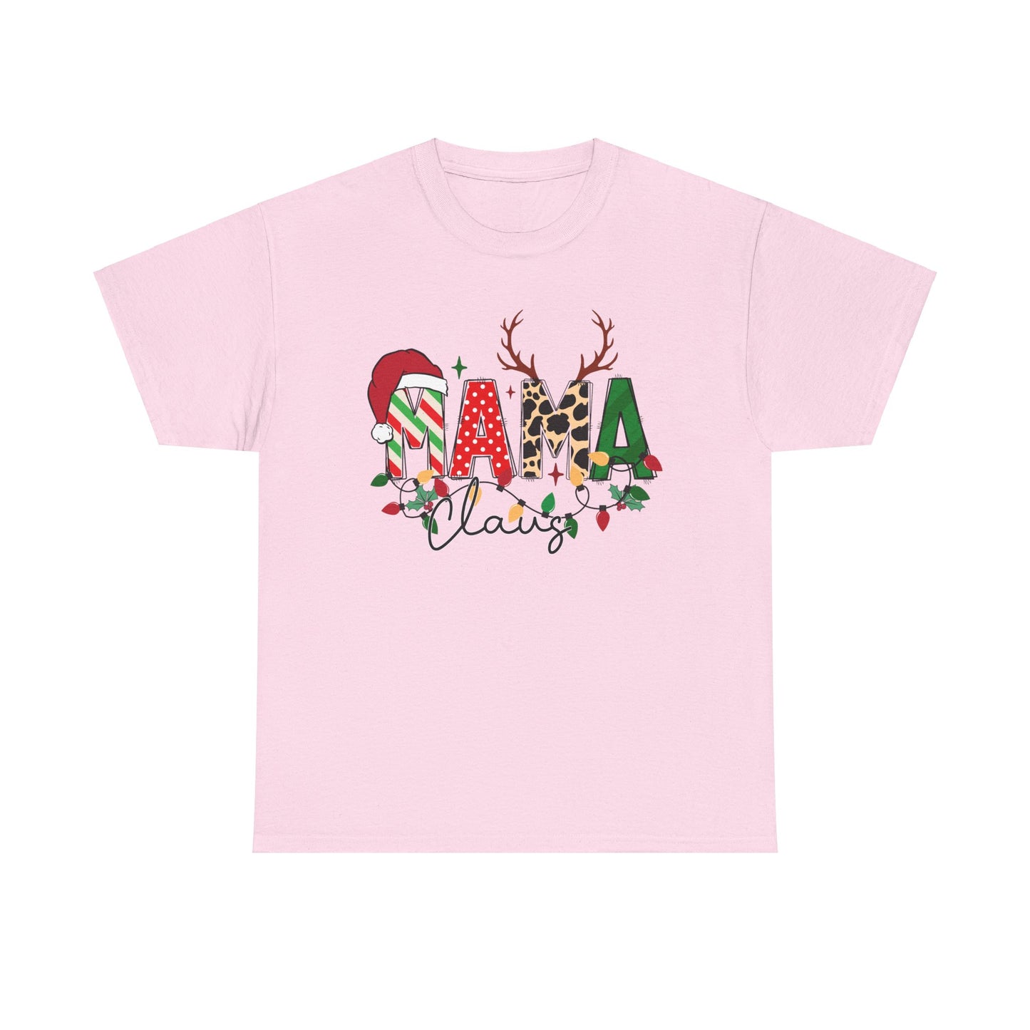 MAMA Claus Christmas T-Shirt in pink with Santa hat and reindeer antlers design for festive holiday spirit.