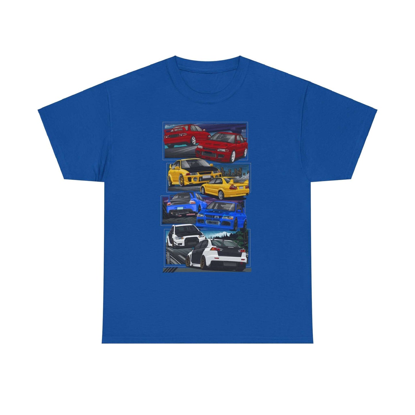 JDM-Inspired Evolution Car Tee, Red Yellow Blue White Enthusiast Shirt