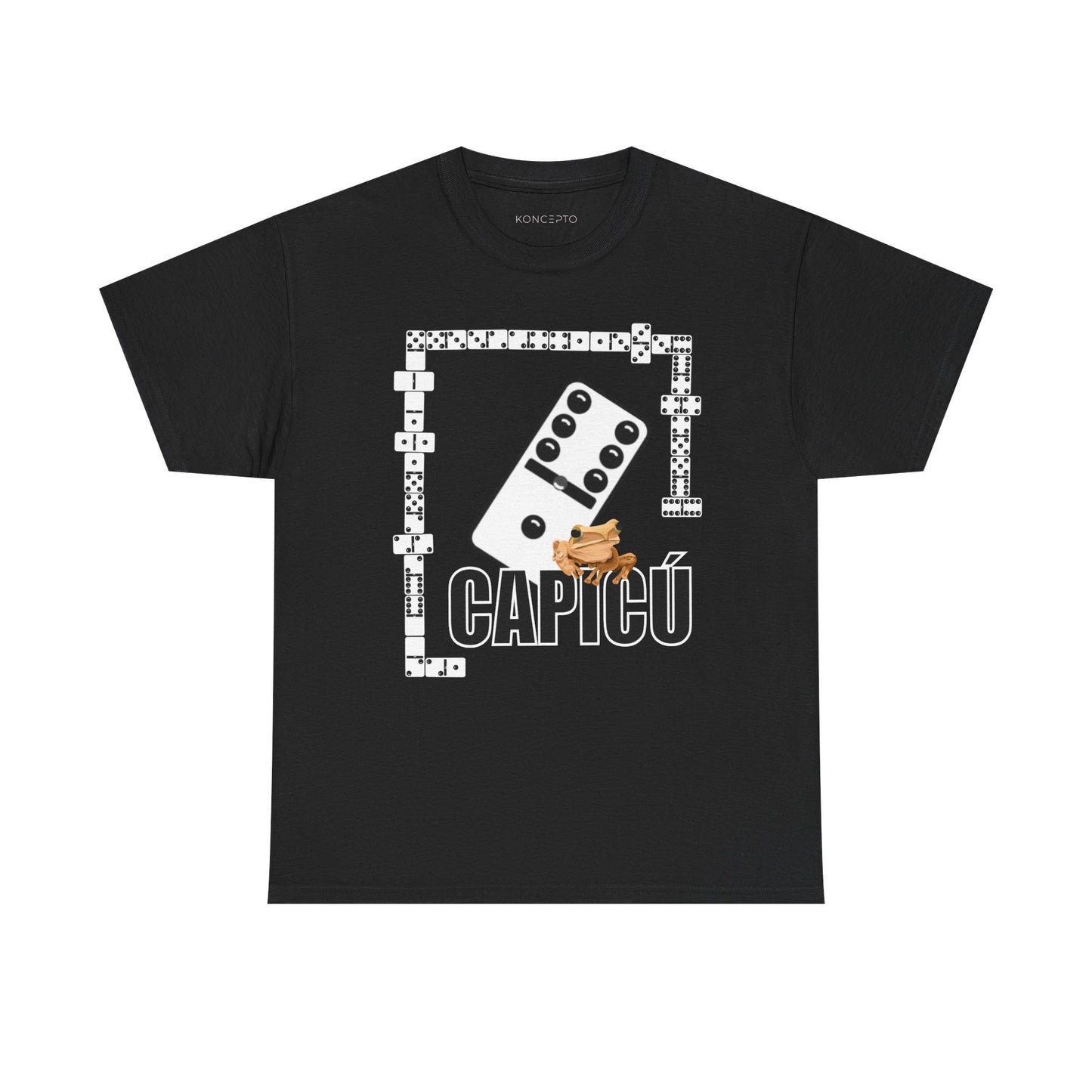 CAPICÚ Black T-Shirt - Unique Domino Design with Whimsical Coqui Accent