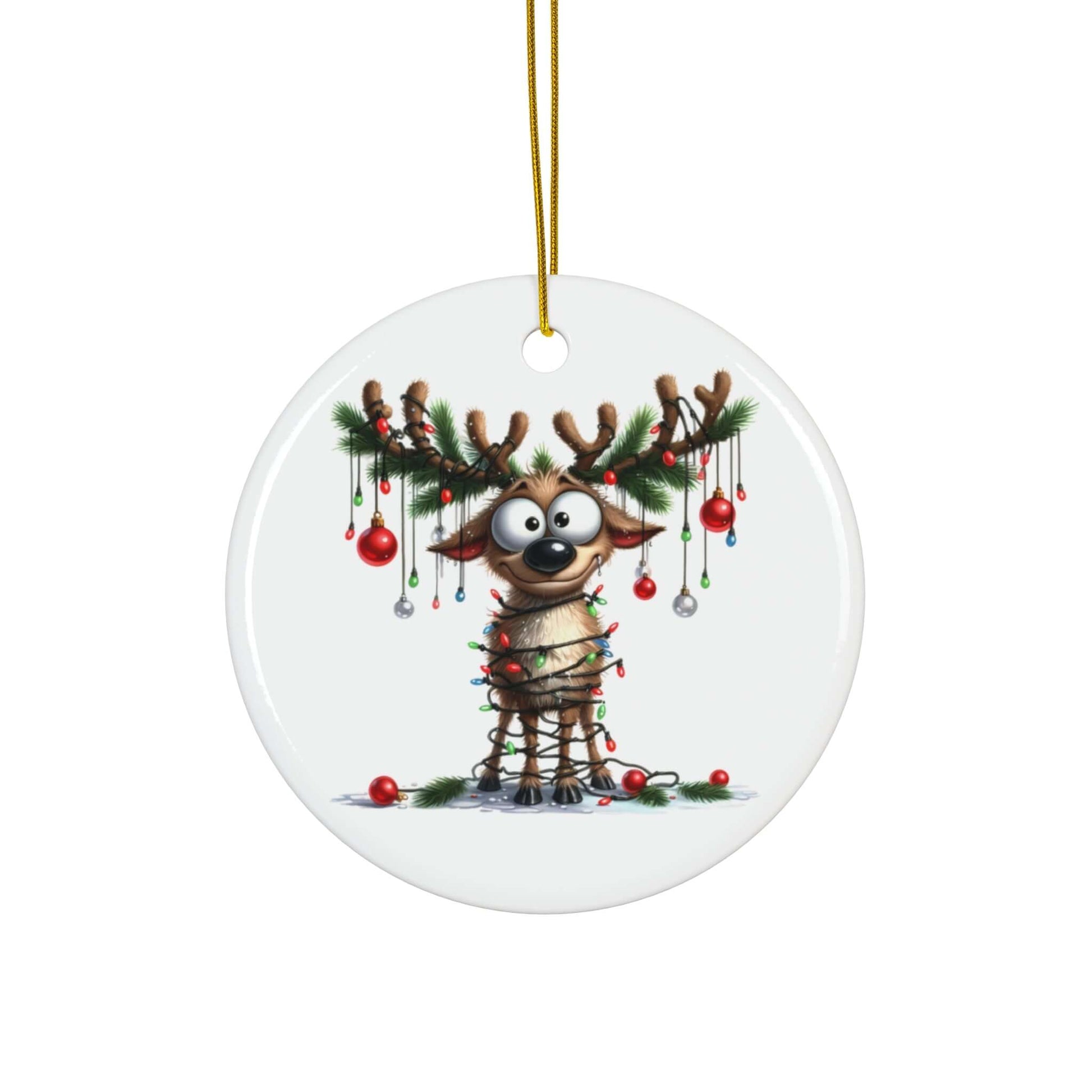 Funny ceramic ornament of a reindeer wrapped in Christmas lights, adding humor to holiday decor.