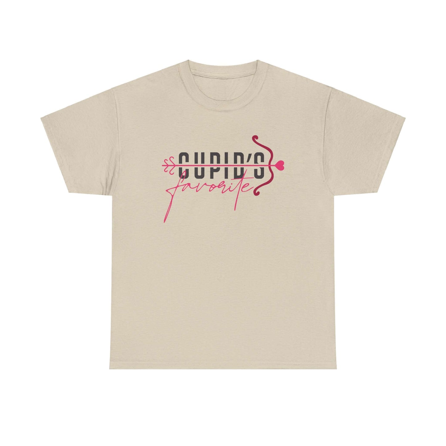 Cupid's Favorite T-Shirt, playful Valentine's Day tee in light beige with vibrant text design, perfect for expressing love.