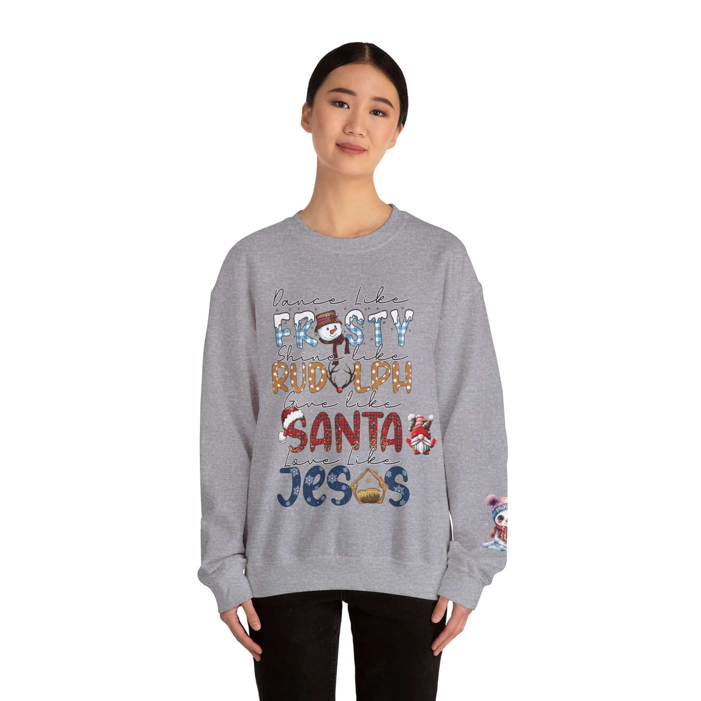 Festive Holiday T-Shirt with Snowman and Christmas Tree, Frosty Rudolph Santa Jesus Design, Colorful Fonts, Perfect Gift