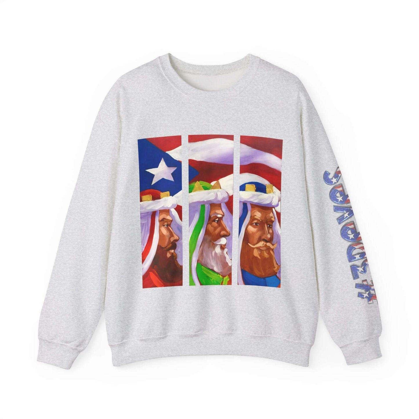 Festive Three Kings Holiday Sweater with Puerto Rican flag design, cream-colored cozy sweater featuring artistic print of the Three Kings.