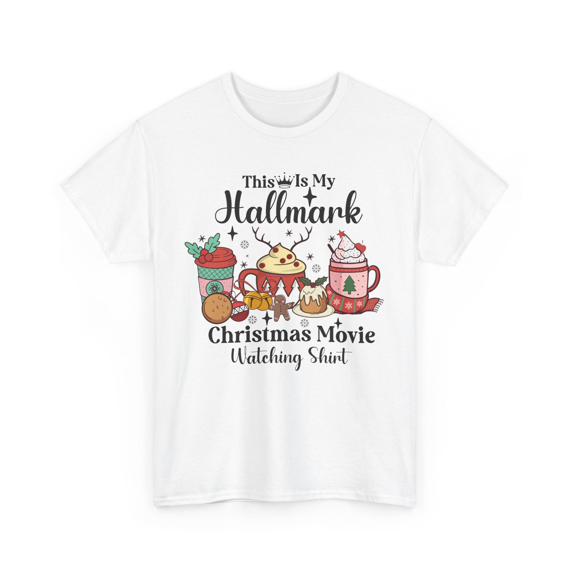 Festive white shirt with "This Is My Hallmark Christmas Movie Watching Shirt" design featuring holiday beverages and treats.