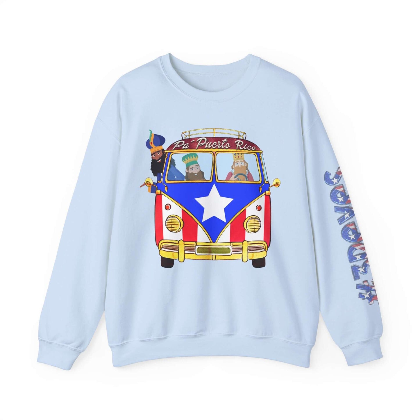 Light blue Christmas sweater with VW bus design, Puerto Rico flag, "Pa Puerto Rico" text, and festive print on left sleeve.