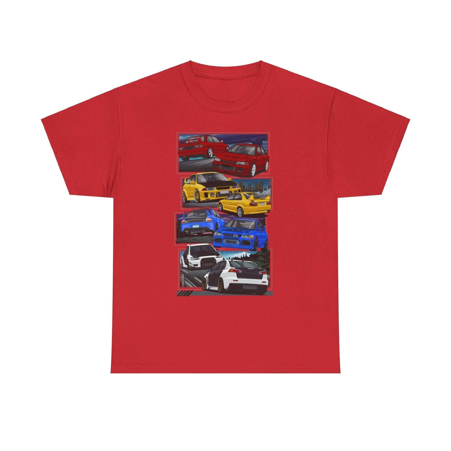 JDM-Inspired Evolution Car Tee, Red Yellow Blue White Enthusiast Shirt