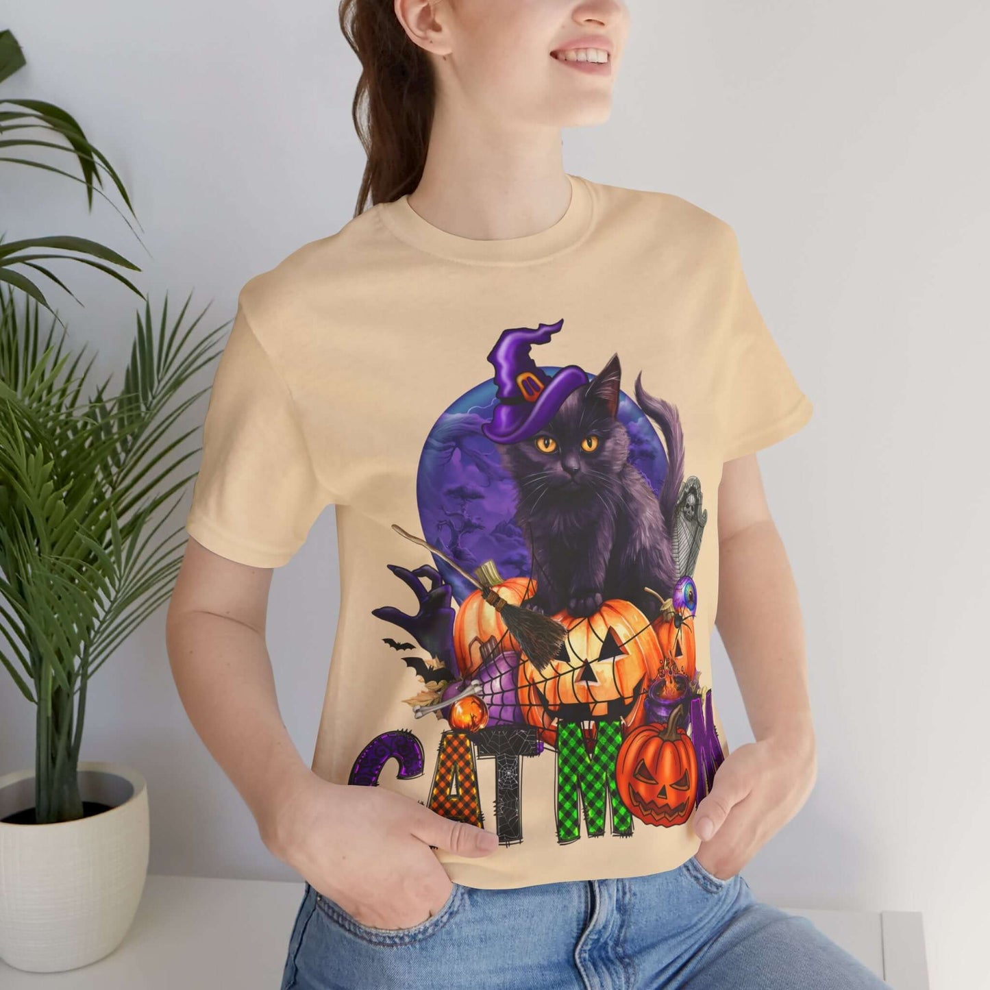 Cat Mom Women's T-shirt - Adorable Baby Black Cat, Pumpkins and Purple Moon, - Unique Halloween Outfits, Festive Parties, and Feline Fun.