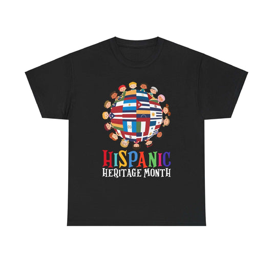 Kids' T-shirt featuring Hispanic Heritage Month flags in a globe design, celebrating diversity and culture.