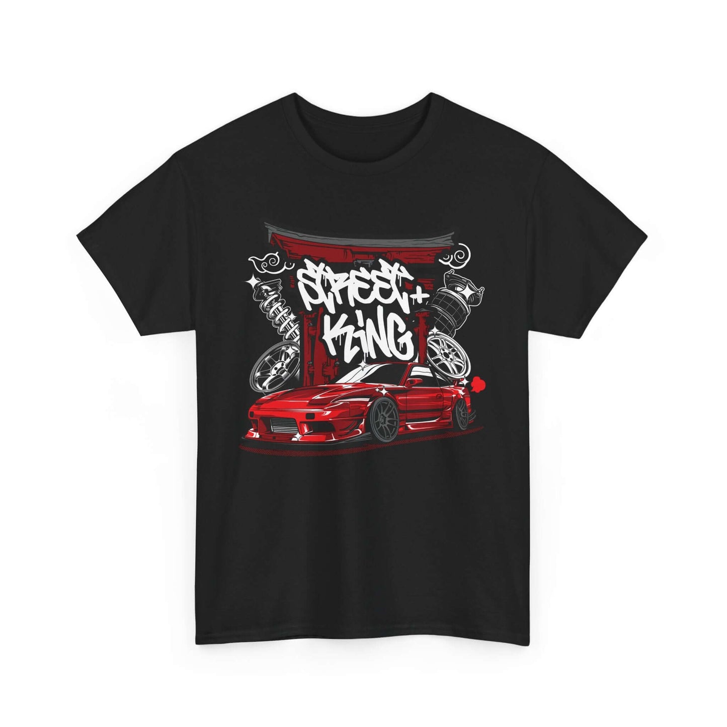 Urban racing art black T-shirt featuring stylized red sports car and "Street King" graffiti design. Perfect for car enthusiasts.