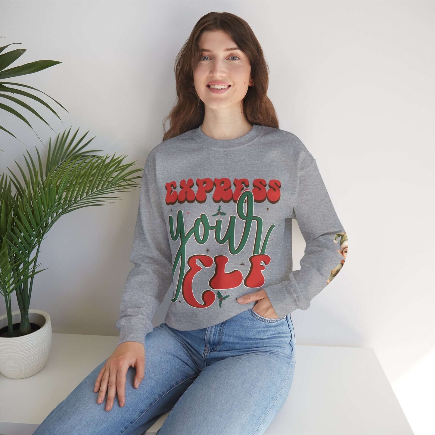 Express Yourself Festive Sweatshirt - Colorful Holiday Elf Design, Individuality and Style