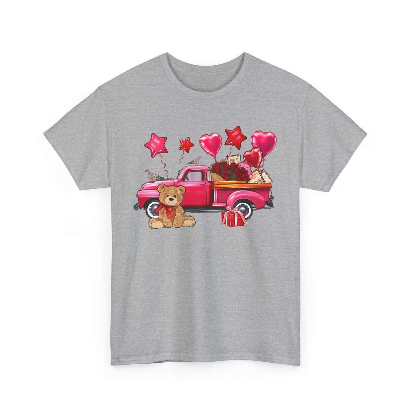 Valentine's Day Tee with vintage truck, roses, teddy bear design for romantic occasions.