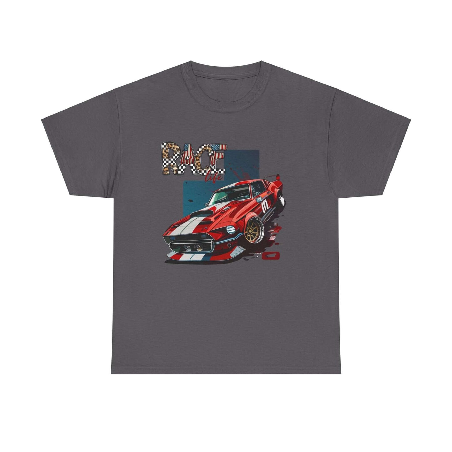 Racing Life Muscle Car T-Shirt with classic Mustang design and racing stripes, perfect for track day and patriotic racer gift