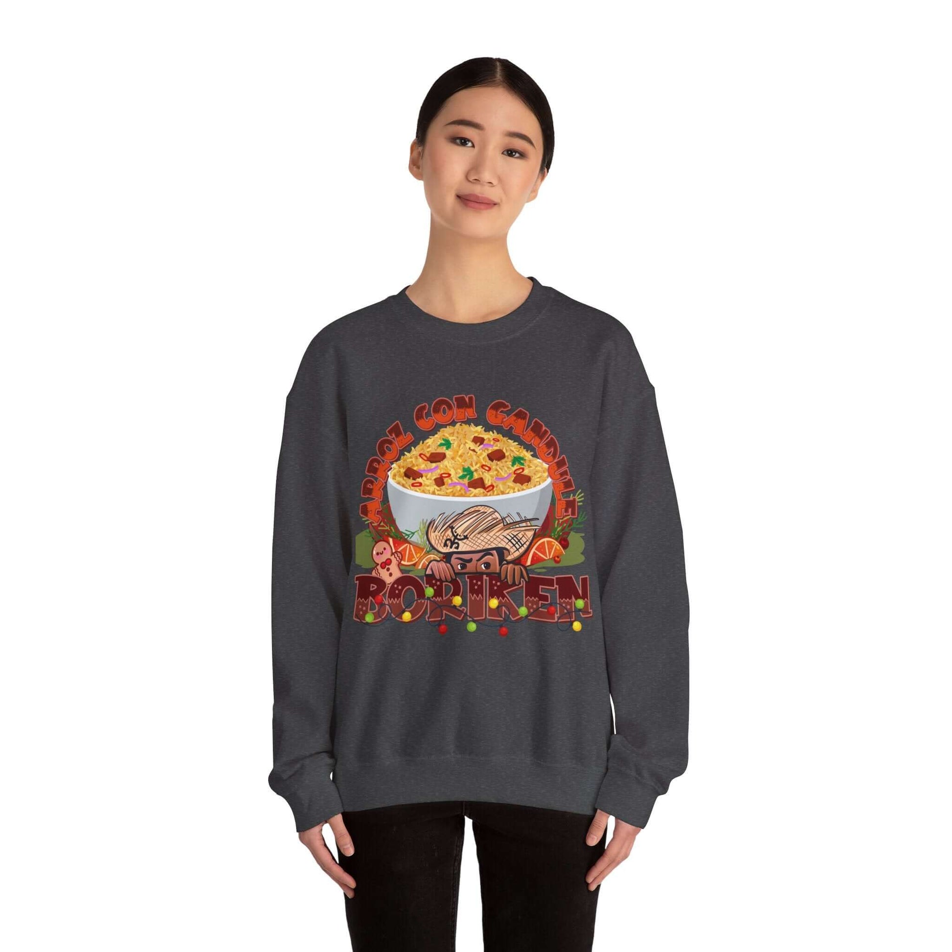 Woman wearing Arroz Con Gandules Christmas Sweater with festive holiday design featuring rice and peas illustration and Borikén text.