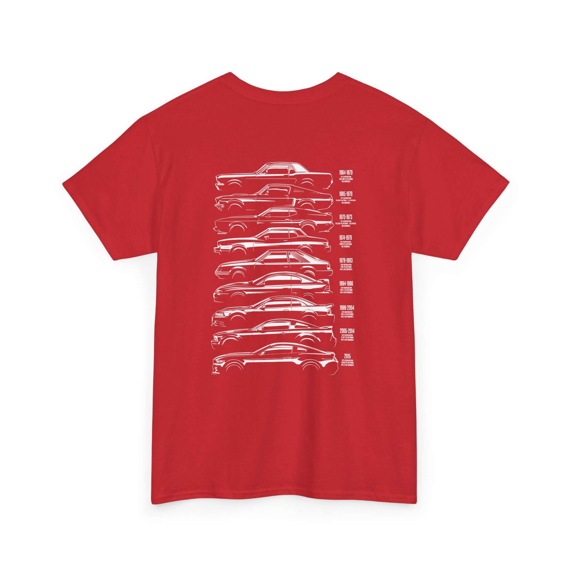 Red Ford Mustang Evolution Tee with rear print design showcasing iconic Mustang models from 1964 to 2015, highlighting year-by-year specifications.