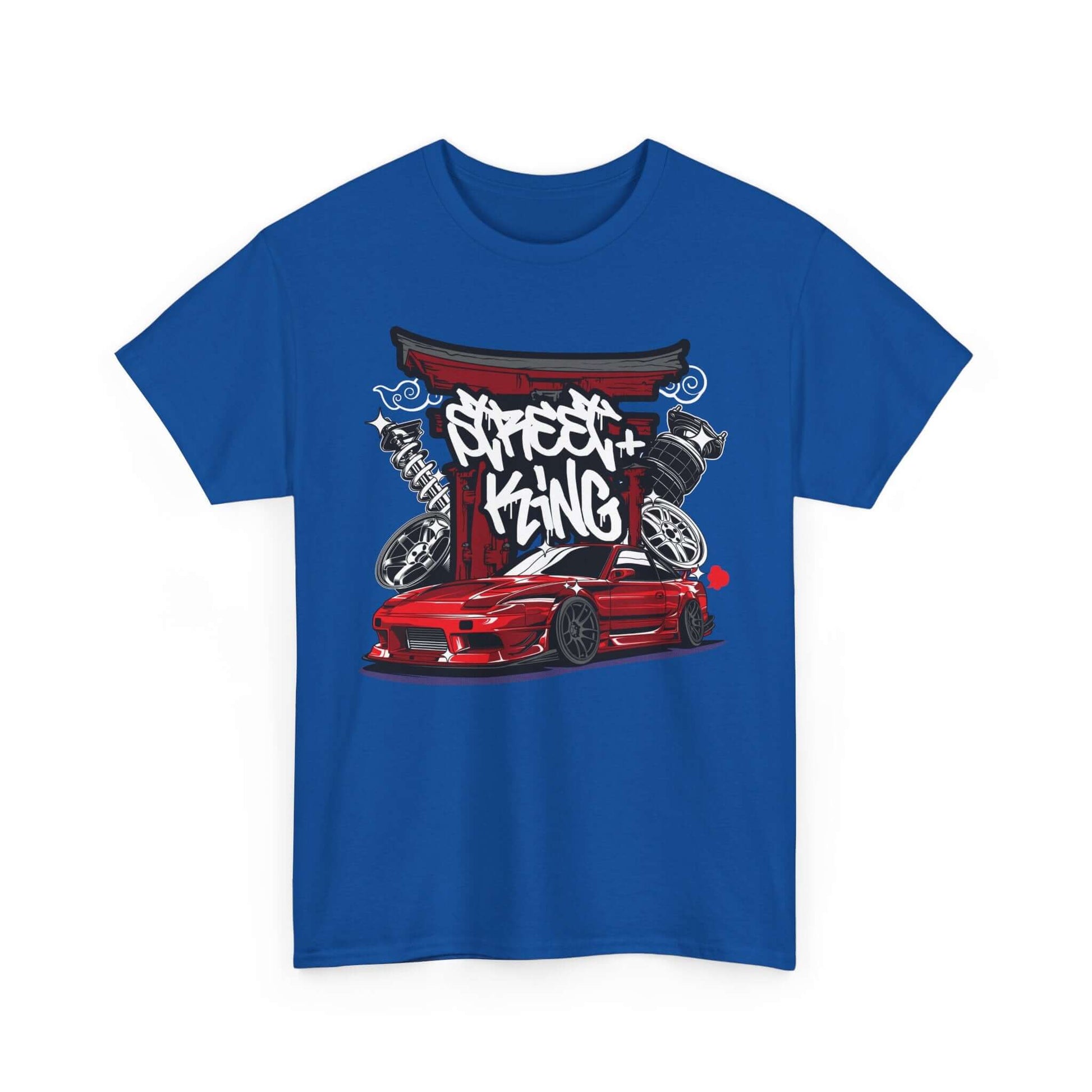 Urban racing art T-shirt featuring a stylized red sports car at a Japanese torii gate with street king graffiti design.