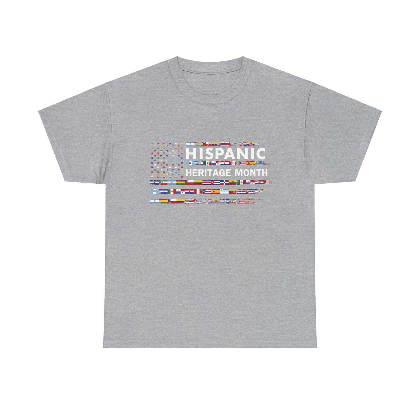 Gray T-shirt featuring a mosaic of Hispanic flags and "HISPANIC HERITAGE MONTH" text, celebrating cultural pride.