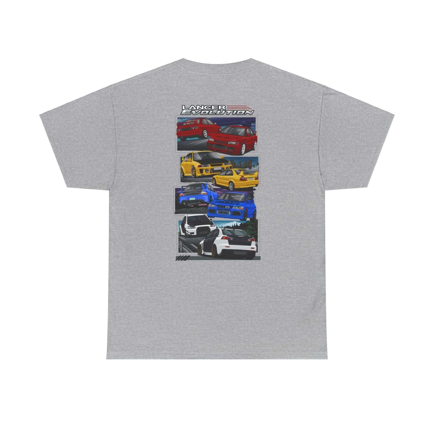 JDM-Inspired Evolution Car Tee, Red Yellow Blue White Enthusiast Shirt